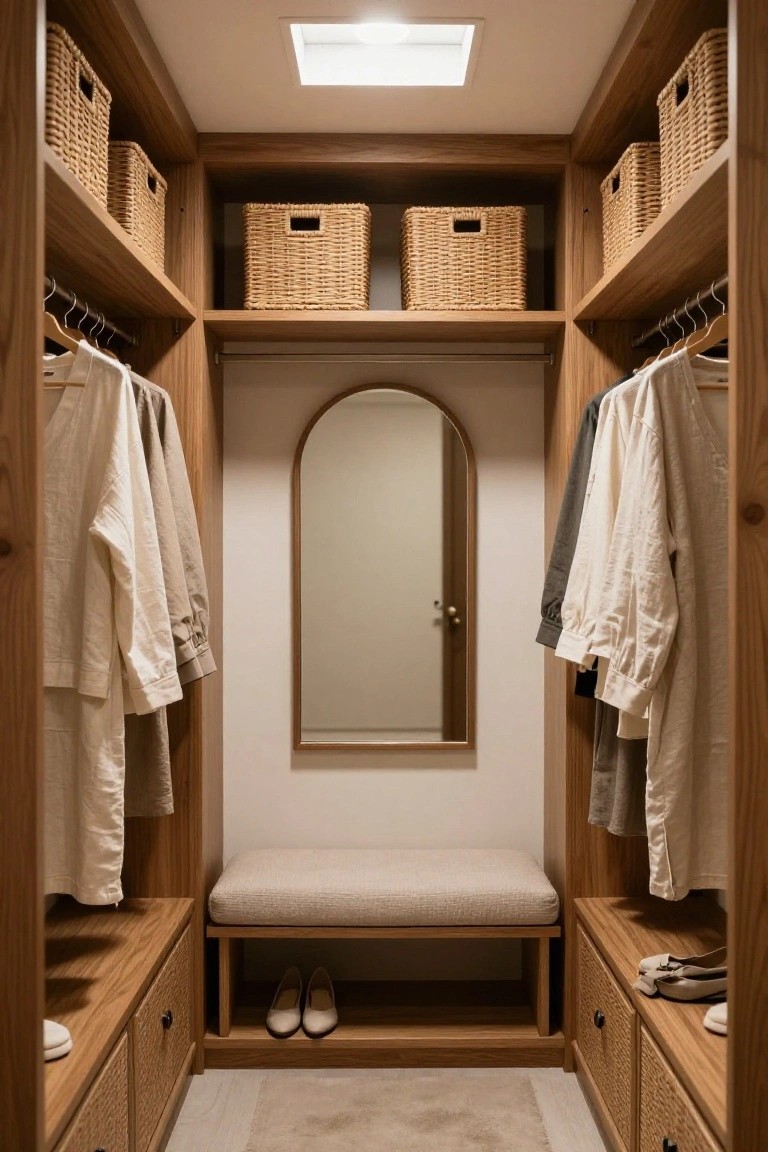 A walk-in closet with symmetrical oak wood built-in shelves and cabinets holding wicker baskets, hanging neutral linen garments on rods, an arched mirror on the back wall, a central cushioned bench with white heels underneath, and rattan-fronted drawers at the base.