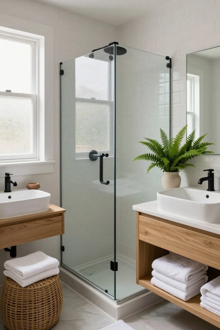 Bright bathroom with frameless glass shower enclosure, dual floating oak vanities holding oval white sinks and matte black faucets, potted fern on counter, stacked white towels on open shelves, and wicker stool nearby.