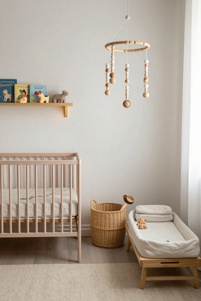 Pale wood crib next to a raised wooden changing table with linens and stuffed toy, wicker basket, hanging wooden hoop mobile with beads and shapes, floating shelf with books and wooden animal figures, in a light neutral nursery room with beige rug.