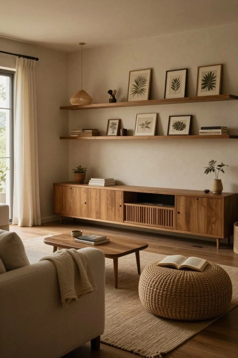 Light wooden floating shelves displaying books, art frames with leaf motifs, and plants above a wooden slatted TV console in a beige-walled living room with cream sofa, wooden coffee table, rattan pouf, and neutral rug.