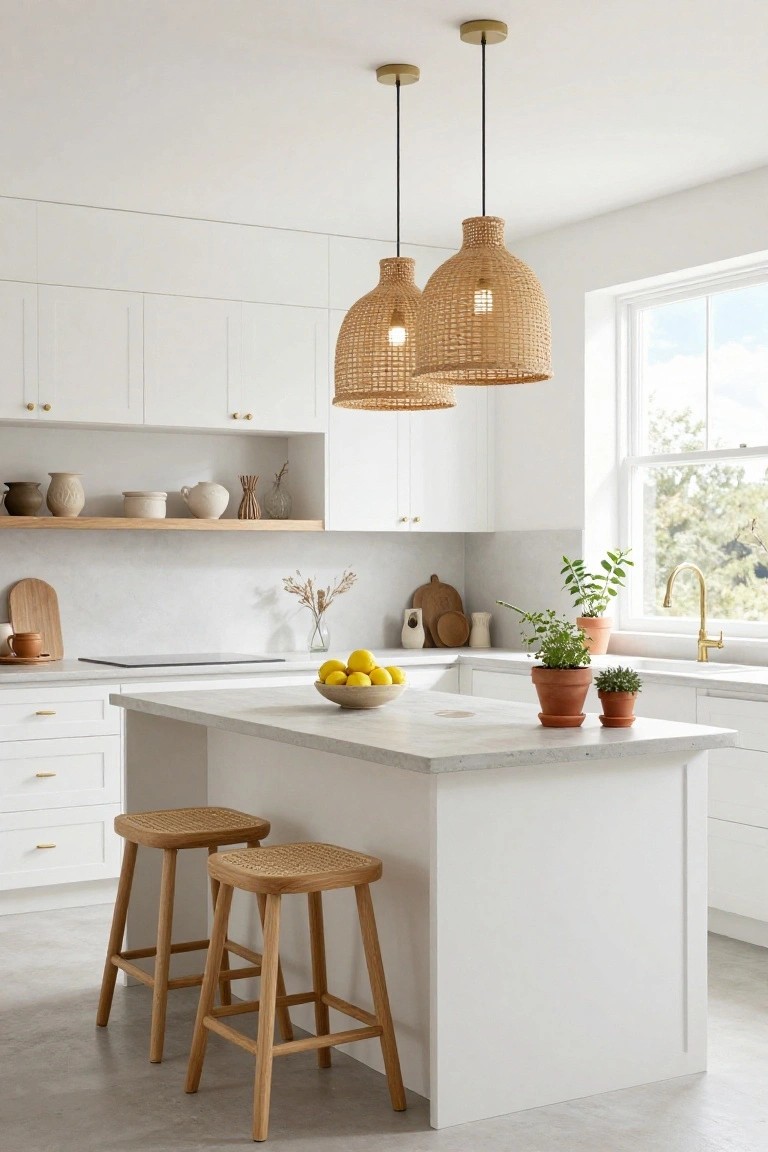 White minimalist kitchen with two hanging rattan pendant lights over a central island topped with lemons, flanked by woven wood bar stools, potted plants, and open shelving with ceramics.