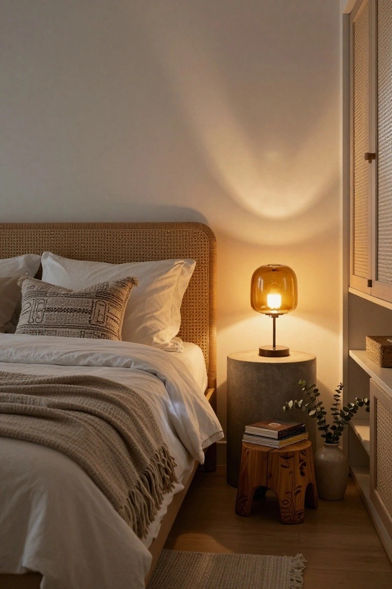 Bedroom corner showing rattan headboard bed with white bedding and beige throw, amber glass lamp on concrete pedestal, wooden stool with books and potted plant, eucalyptus in vase, and louvered wardrobe on beige wall with wood floor.