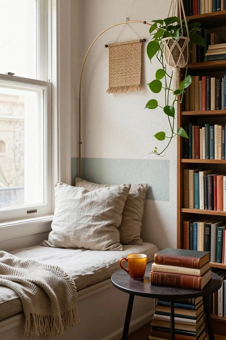 Cozy indoor window seat with beige linen cushions and throw blanket, wood bookshelves filled with books, small black round table holding orange mug and stack of books, tall arched floor stand supporting woven wall hanging and hanging plant pot next to white-framed window.