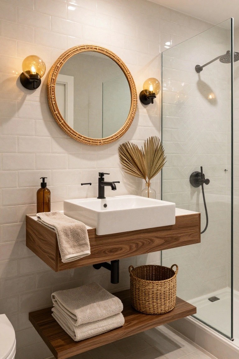 A bathroom featuring white subway tile walls, a floating walnut vanity with white sink, round rattan mirror flanked by two amber globe wall sconces, potted palm fronds, glass shower enclosure, woven basket, stacked towels, and white toilet.