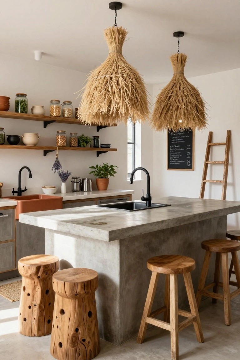 Kitchen with two large fringed seagrass pendant lights hanging over a concrete island, wooden stools nearby, open shelves stocked with jars and plants, orange sink, and ladder against a blackboard menu.