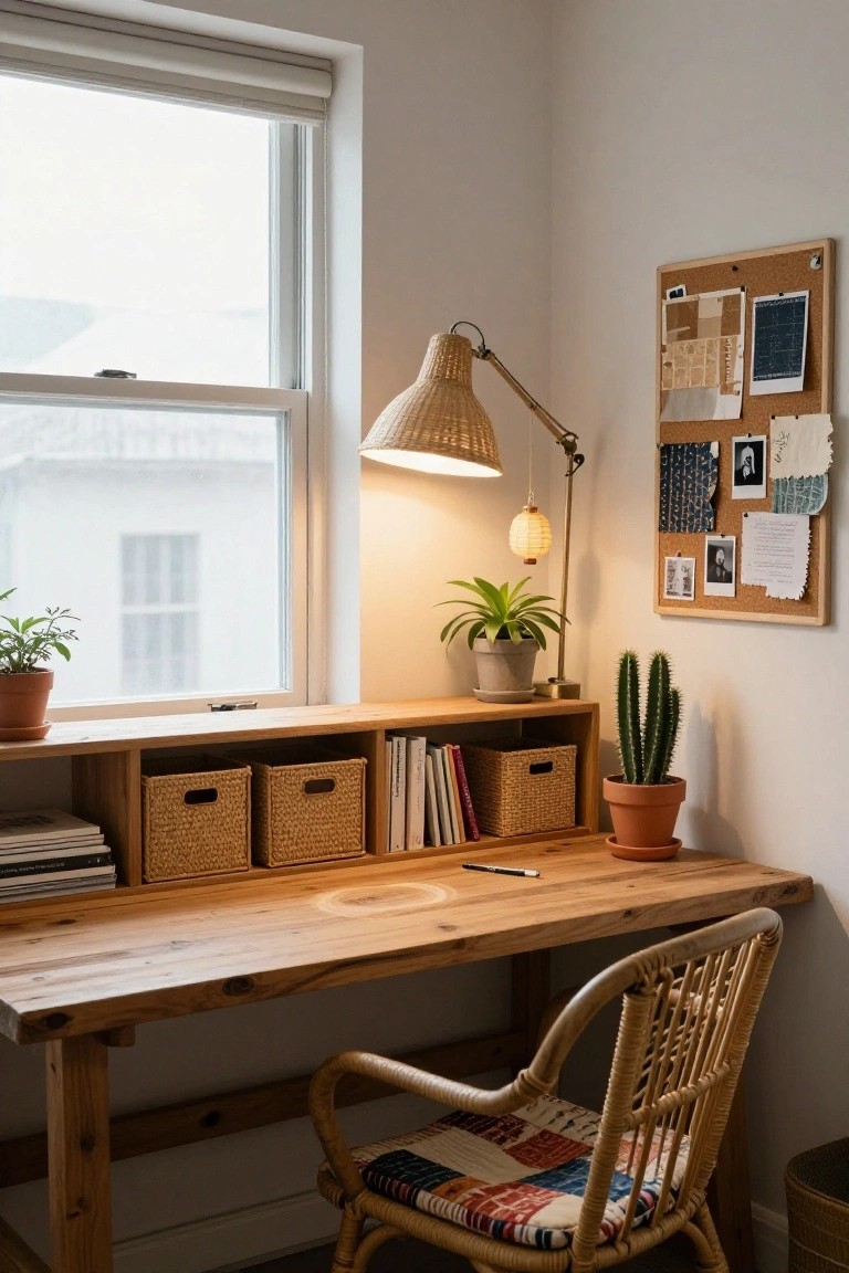 Corner indoor workspace featuring a wooden desk with wicker baskets, books, plants including a cactus and snake plant, corkboard with notes and photos, rattan desk lamp, paper lantern pendant, and window with blinds.