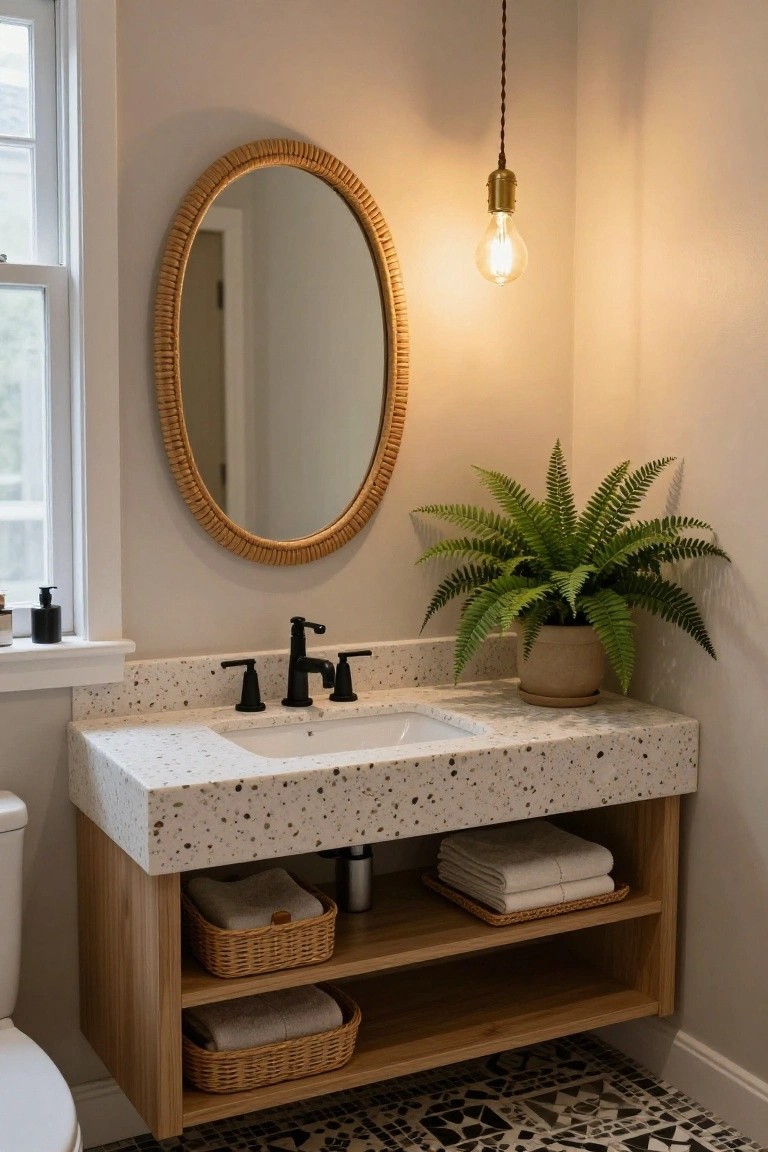 Bathroom corner with floating wooden vanity topped by white terrazzo counter and black faucet, oval rattan mirror, hanging brass pendant light with exposed bulb, potted fern plant, woven baskets holding towels, window, and toilet on geometric tile floor.