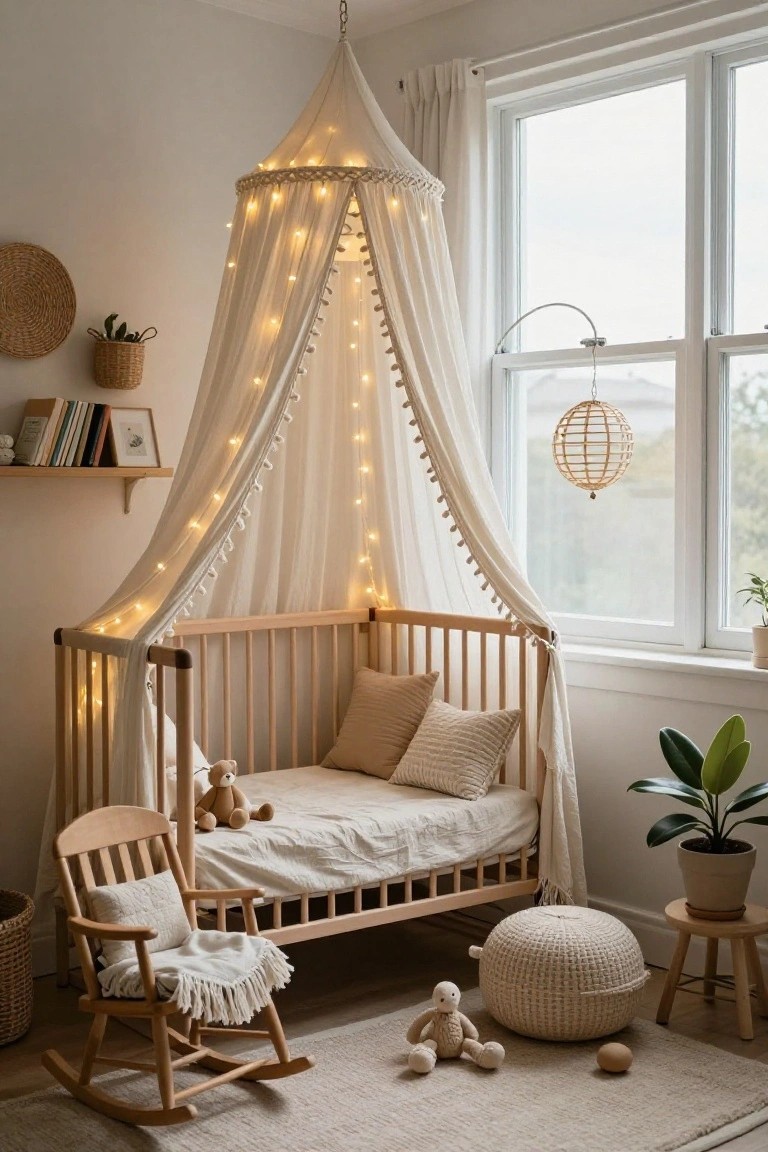 A light-colored nursery room with a wooden crib under a white sheer canopy filled with fairy lights, a wooden rocking chair with a blanket, stuffed teddy bears, woven baskets, plants, and large windows.