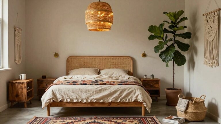 19 Ambient Boho Lighting Ideas That Create a Warm Glow A bedroom with a double-tiered hanging rattan pendant light strung with fairy lights above a bed with rattan headboard, beside a fiddle leaf fig plant, macrame wall hanging, and woven baskets on a wooden floor.