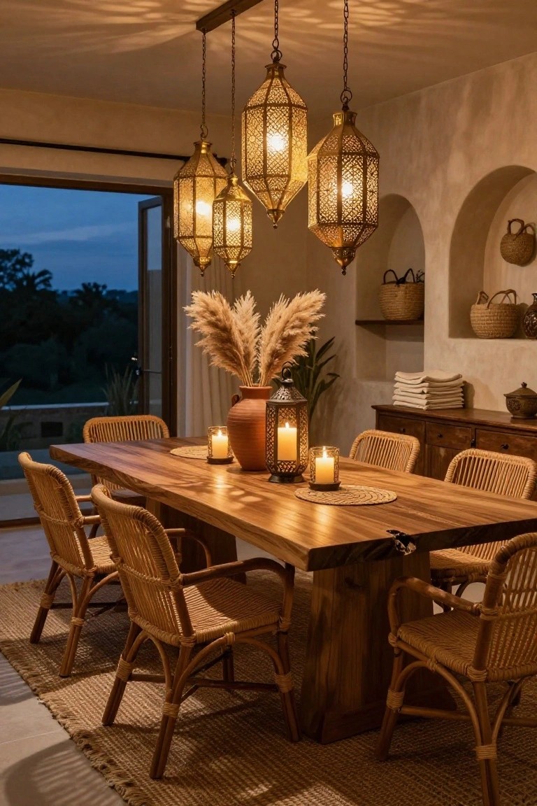 Boho dining room with rattan chairs around a wooden table, clusters of hanging pierced brass lanterns, table candles, pampas grass vase, and open glass doors showing twilight outdoors and distant trees.