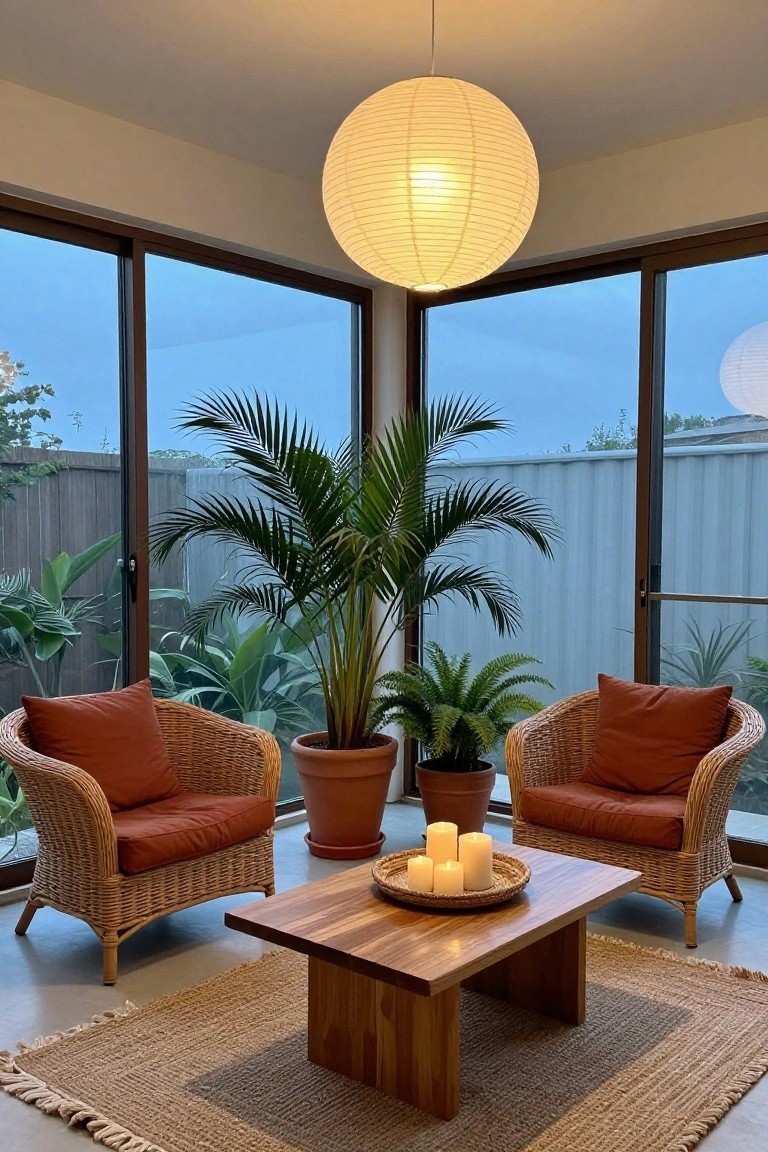 Indoor corner with two orange-cushioned rattan armchairs around a low wooden coffee table holding candles in a woven tray, large potted palms and ferns, a large hanging white paper lantern, and glass sliding doors to a garden.