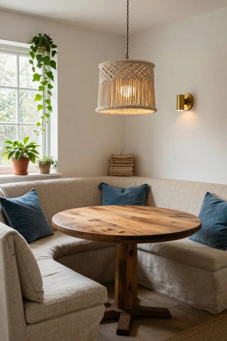 Corner booth seating with beige cushions and teal pillows around a round rustic wooden table, macrame rope pendant lamp hanging above, plants by window, stacked baskets on shelf, and gold wall sconce in white room.