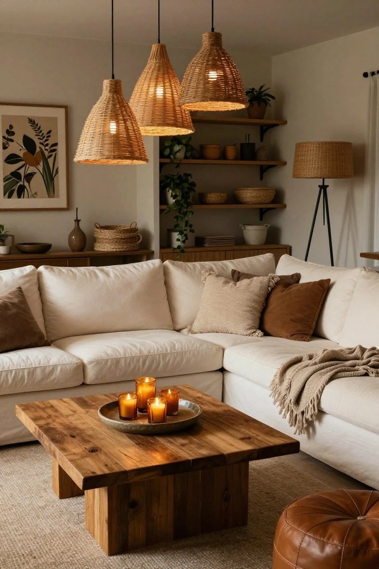 Living room with white sofa, wooden coffee table holding lit candles on a plate, multiple hanging rattan pendant lights, plants on shelves, and woven baskets.