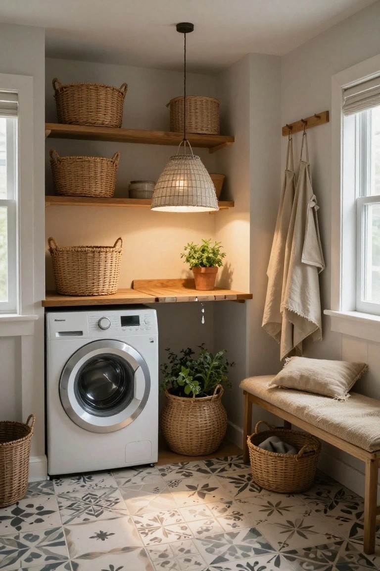 Cozy laundry room interior with white front-loading washer, wooden shelves holding wicker baskets, potted plants, rattan pendant lamp, hanging beige linens, linen bench, and patterned gray tile floor.