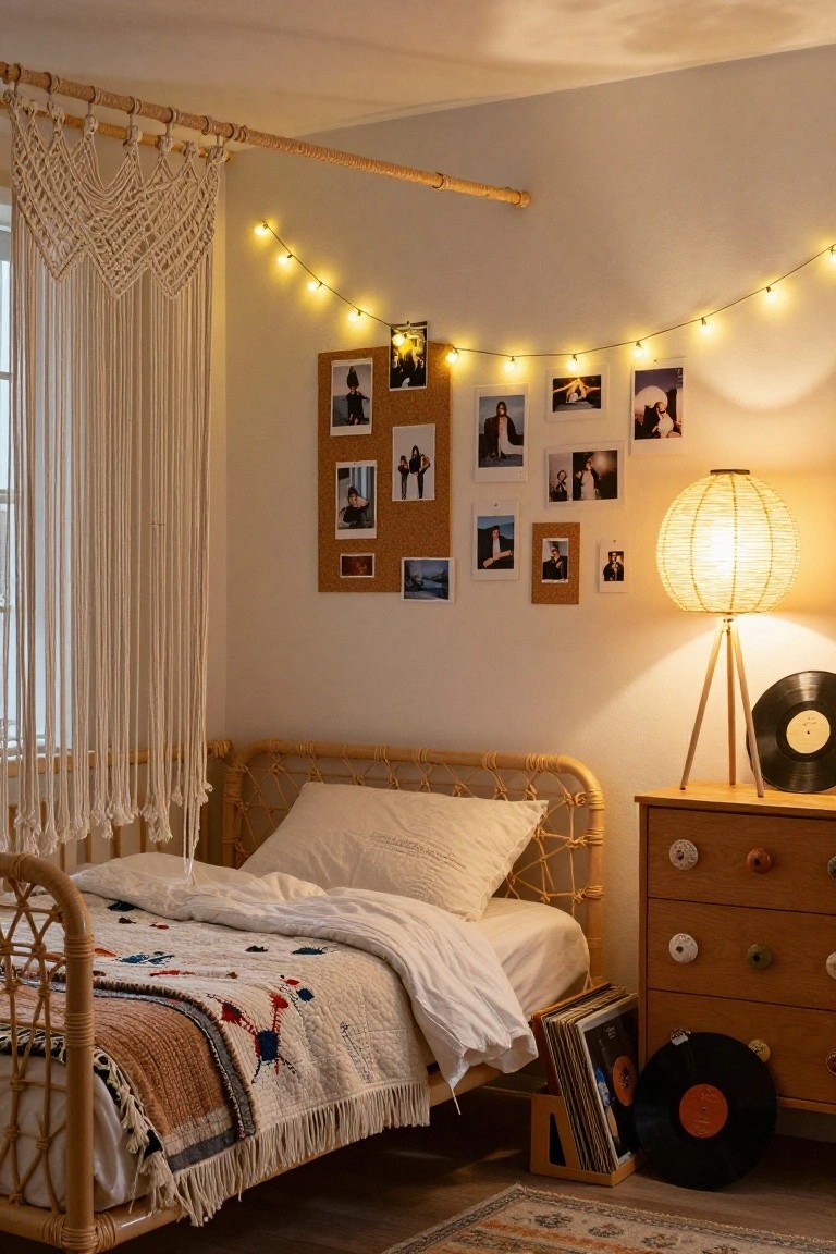 A boho bedroom with rattan bed and quilted bedding, white macrame curtains on a bamboo rod, string lights and photo display on a corkboard wall, tripod floor lamp with paper shade, wooden dresser with vinyl records, and woven rug on hardwood floor.