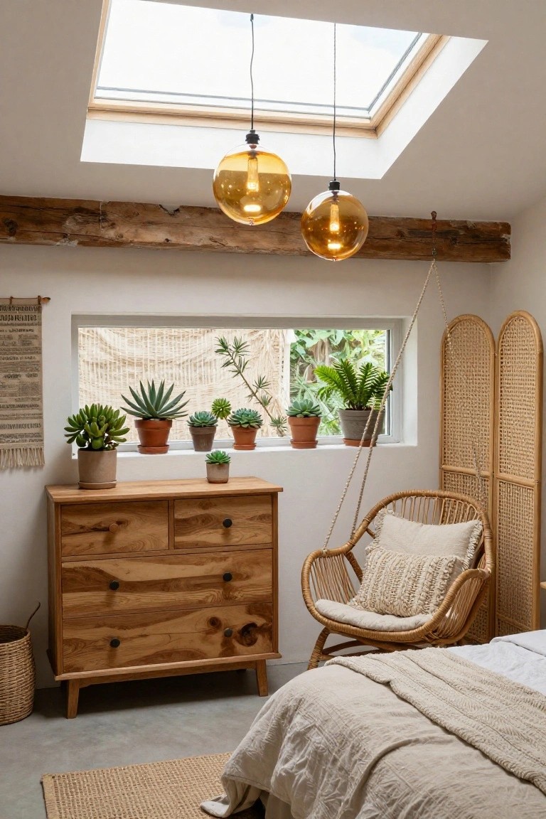 Cozy bedroom corner with exposed wooden beams supporting two large amber glass globe pendant lights, wooden dresser, potted succulents, hanging rattan chair with cushions, bed with beige linens, and plants near a window under a skylight.