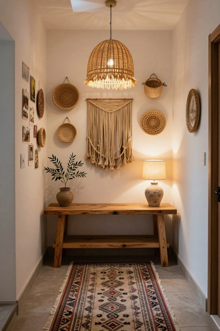 Narrow white interior hallway with rattan pendant light over wooden console table, table lamp on ceramic base, olive branch in pot, woven baskets and macrame on walls, photos, and patterned runner rug on tile floor.