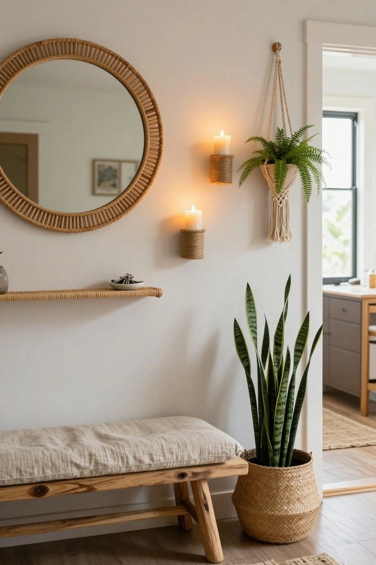 White entryway wall with round rattan mirror, two rope-wrapped wall sconces holding lit pillar candles, woven shelf holding a small dish and vase, hanging macrame fern plant, tall snake plant in seagrass basket, wooden bench with beige linen cushion, and open door to kitchen area.
