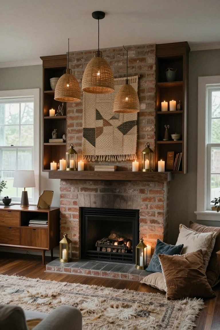 Cozy living room interior with brick fireplace, wooden built-in shelves filled with books and decor, three hanging rattan pendant lights above the mantel with candles and lanterns, woven wall tapestry, mid-century credenza, plush floor pillows, and layered rug.