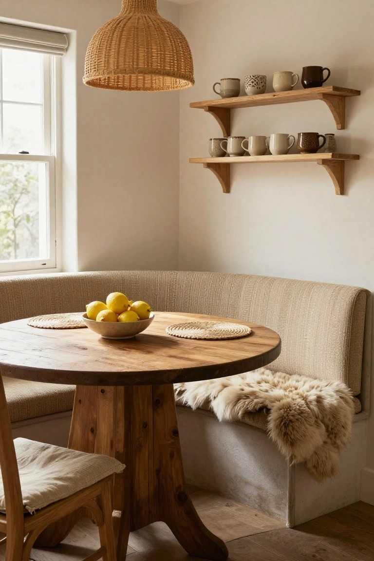 Breakfast nook with beige booth seating around round wooden table holding bowl of lemons, under large hanging woven rattan pendant light, wooden shelves holding ceramic mugs on white wall, window with blinds nearby