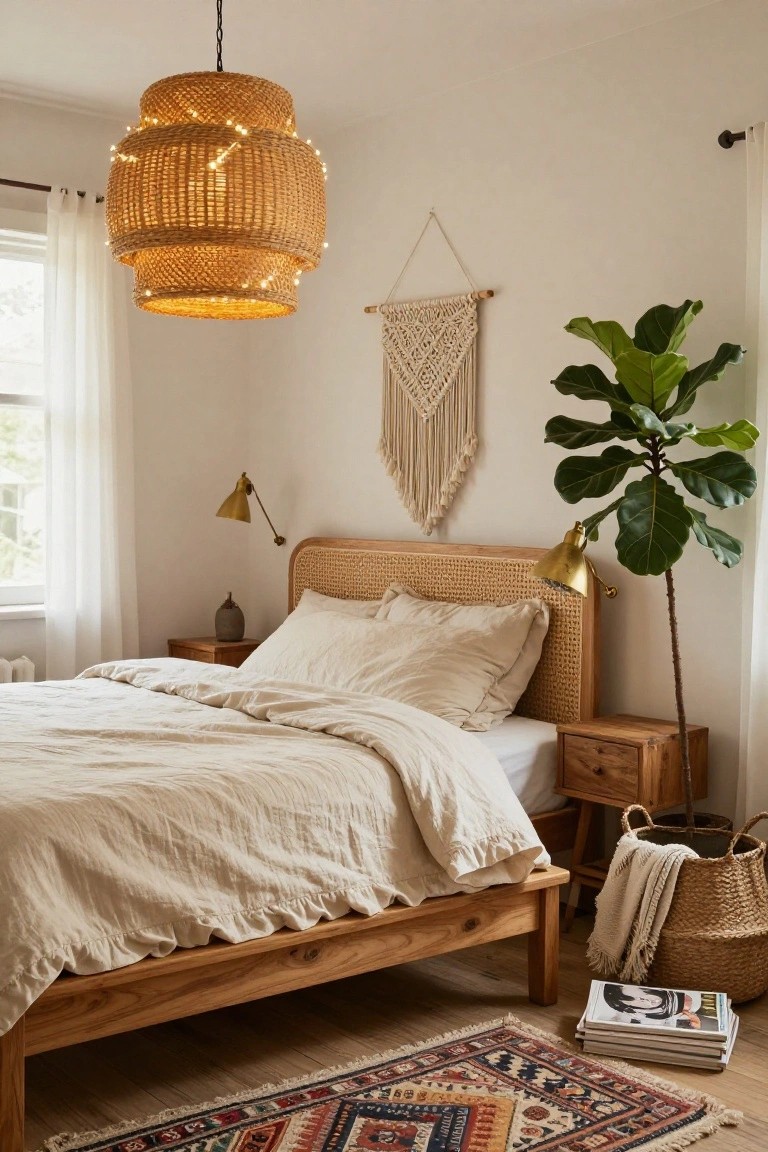 A bedroom with a double-tiered hanging rattan pendant light strung with fairy lights above a bed with rattan headboard, beside a fiddle leaf fig plant, macrame wall hanging, and woven baskets on a wooden floor.