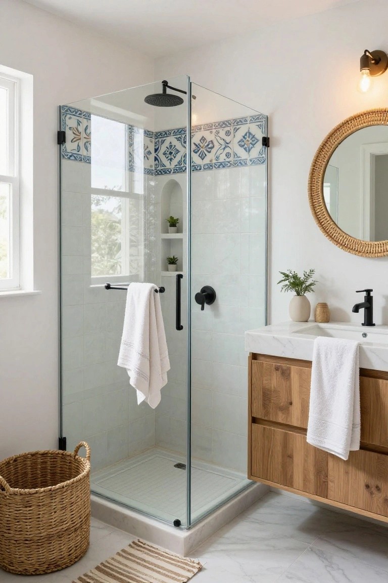 Corner glass shower enclosure with blue patterned border tiles at the top and niche shelf, wooden vanity with marble countertop and faucet, white towels, plants, round woven mirror, and rattan basket on marble floor in a white bathroom.