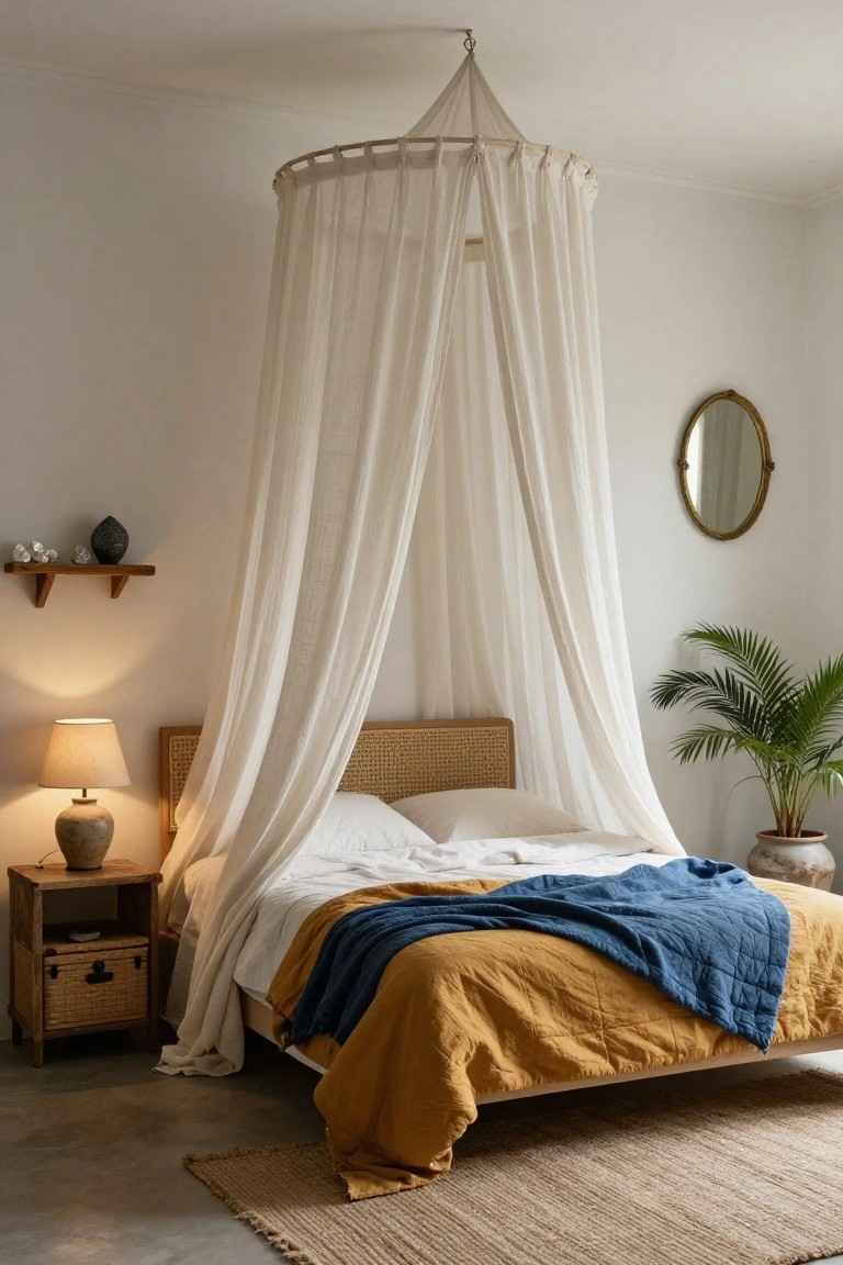 Bedroom with a rattan bed under a white sheer canopy, mustard quilt and blue throw on the bed, wooden nightstand with lamp, potted plant, and seagrass rug on concrete floor.