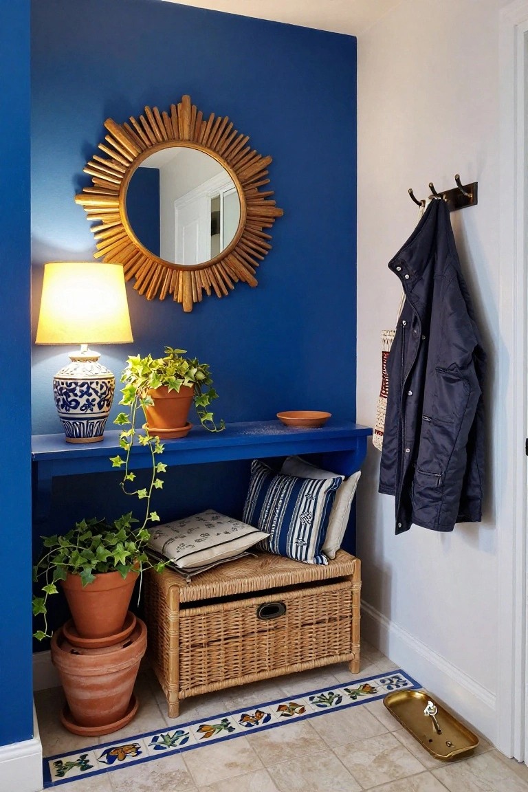 Small indoor entryway niche with cobalt blue accent wall, gold sunburst mirror, blue-and-white ceramic lamp, potted ivy plants on wooden shelf and floor, pillows, woven basket, hanging navy coat on hooks, and blue-edged tile floor.