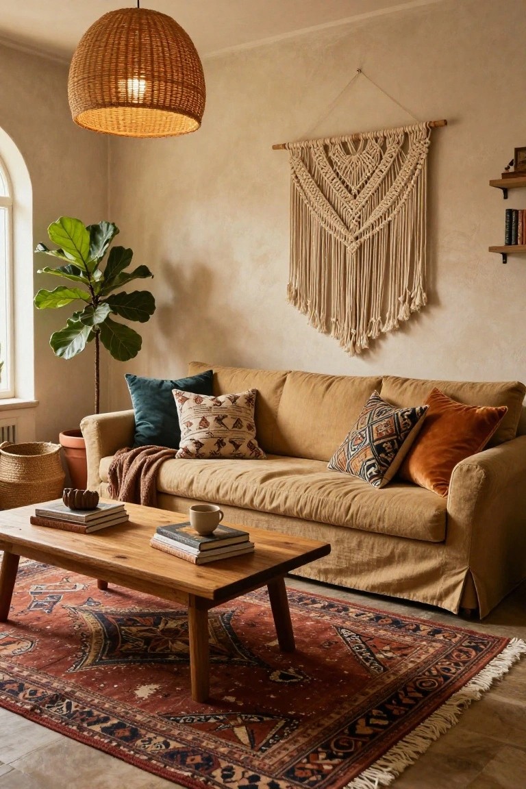 A boho-style living room with a beige slipcovered sofa piled with colorful pillows, wooden coffee table on a red patterned rug, potted ficus tree, macrame wall hanging, woven pendant light, and books on shelves.