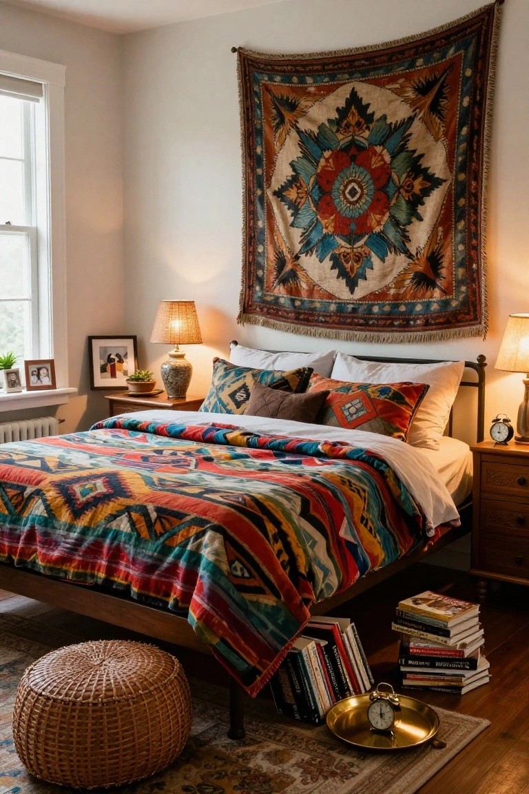 Bedroom with large multicolored geometric tapestry hanging above wooden bed covered in patterned quilt and pillows, wooden nightstands with lamps, plants, framed photos, and woven pouf on hardwood floor with rug.