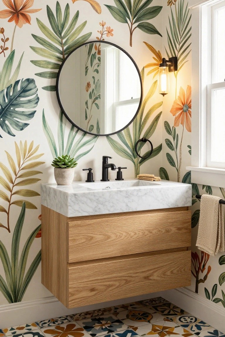 Bathroom with cream wallpaper printed with green leaves, ferns, and orange flowers, round black-framed mirror, black wall sconce, floating oak vanity with white marble top and black faucet, succulent plant, towels on rack, and colorful patterned floor tiles.