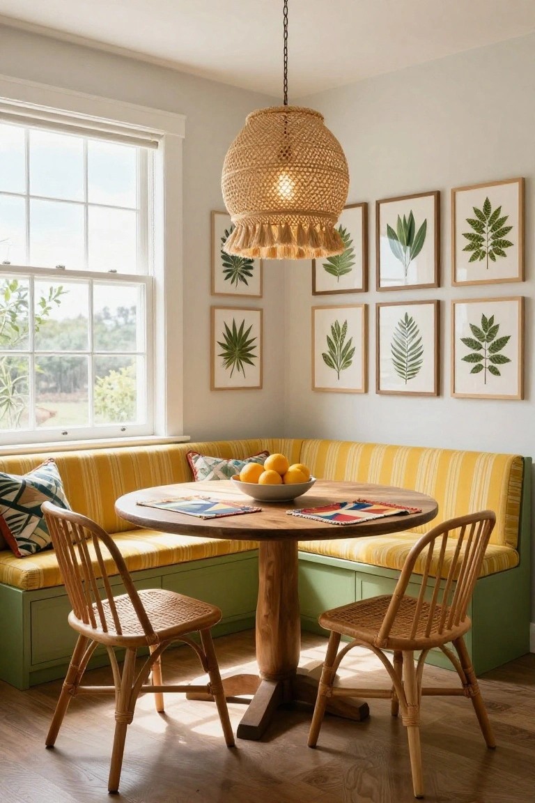 Dining nook with yellow striped banquette booth seating around a round wooden table, rattan chairs, woven rattan pendant light overhead, botanical leaf prints on walls, bowl of oranges on table, large window with outdoor view.
