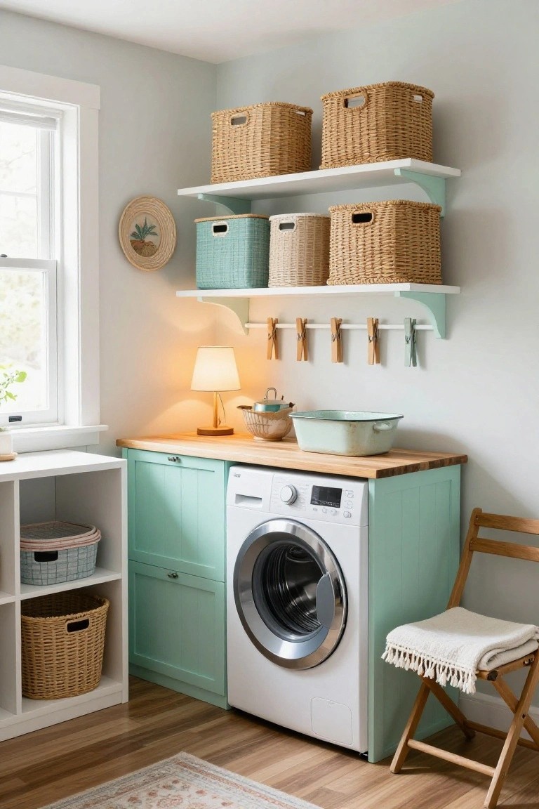Laundry room interior with mint green lower cabinets beside a white front-loading washer, wooden countertop, open shelving stocked with wicker baskets, table lamp, enamel basin, clothespins on a rail, and wooden stool on hardwood floor.