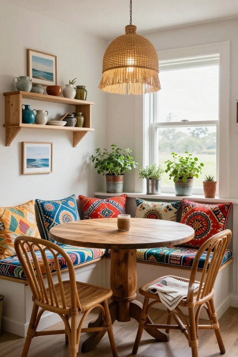Kitchen corner with wooden banquette cushions in bold red, blue, and patterned fabrics, round wooden table, two rattan chairs, plants on windowsill, shelves with pottery, and rattan pendant light.
