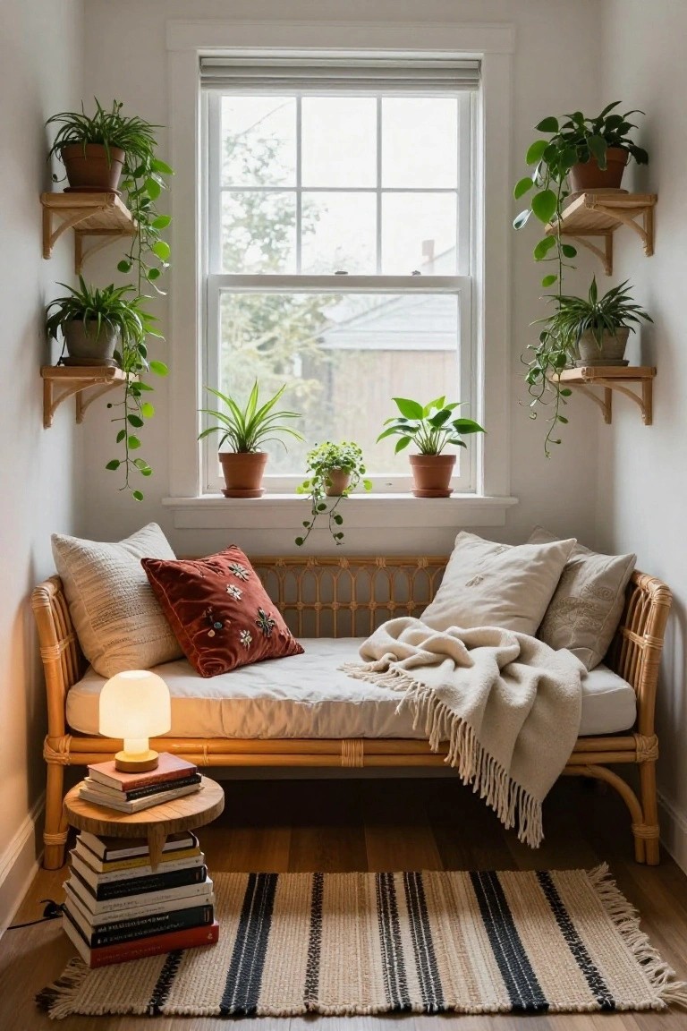 Small indoor corner with rattan daybed piled with pillows and throw blanket, wooden shelves holding various potted trailing plants around a large window, side table with stacked books and lamp, striped rug on wood floor.