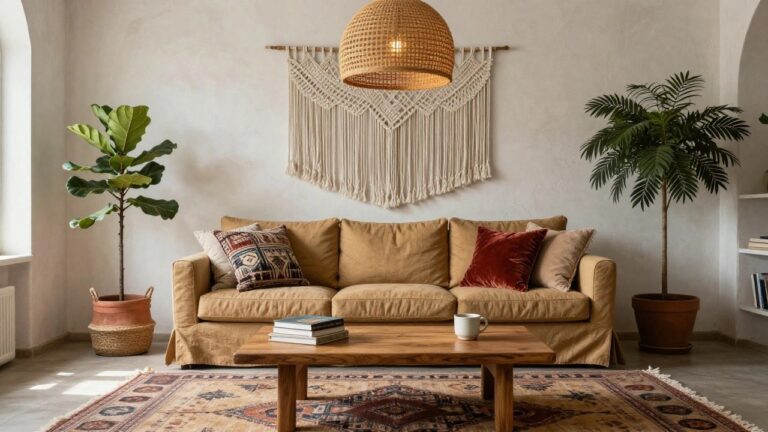 A boho-style living room with a beige slipcovered sofa piled with colorful pillows, wooden coffee table on a red patterned rug, potted ficus tree, macrame wall hanging, woven pendant light, and books on shelves.