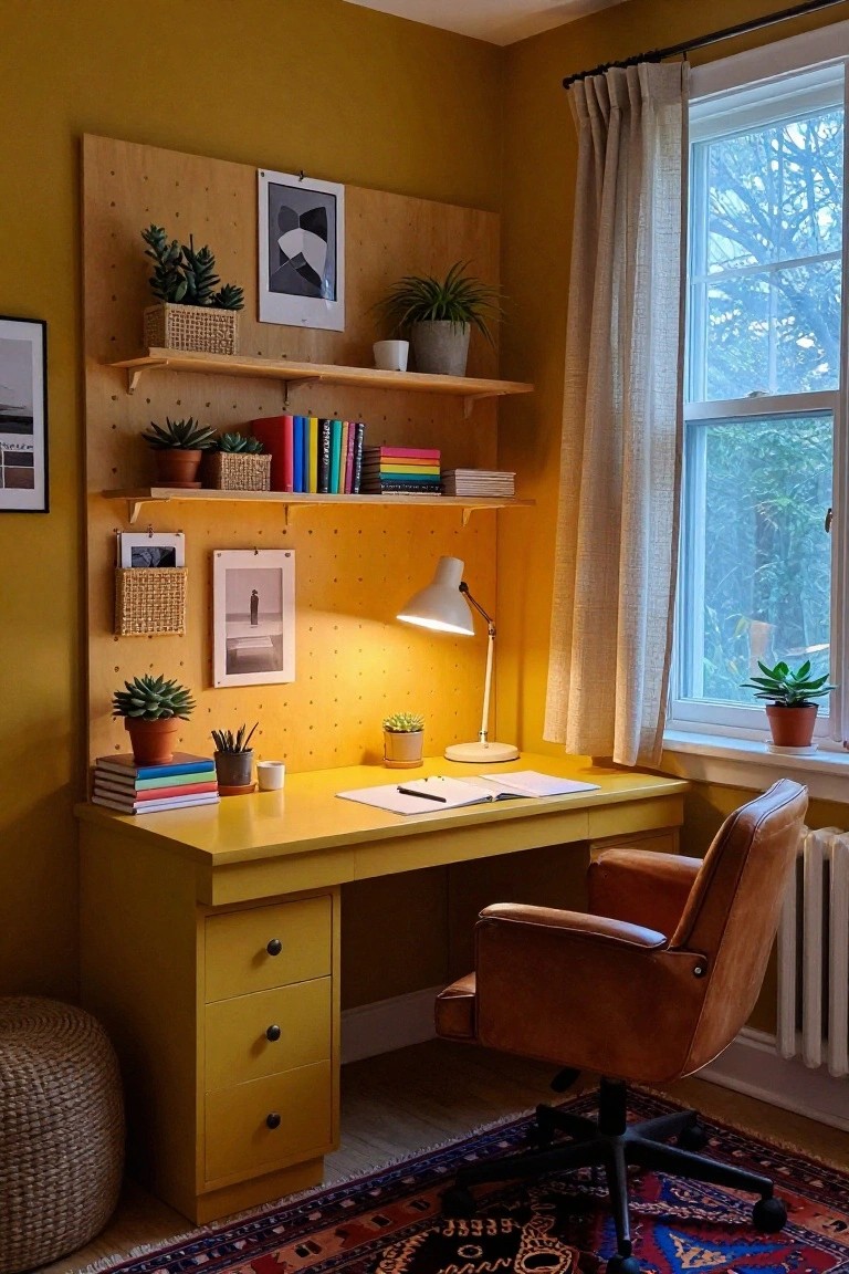 Home office corner with mustard yellow walls and desk, wooden pegboard wall holding plants, books, and photos, leather chair, desk lamp, and window with sheer curtains.