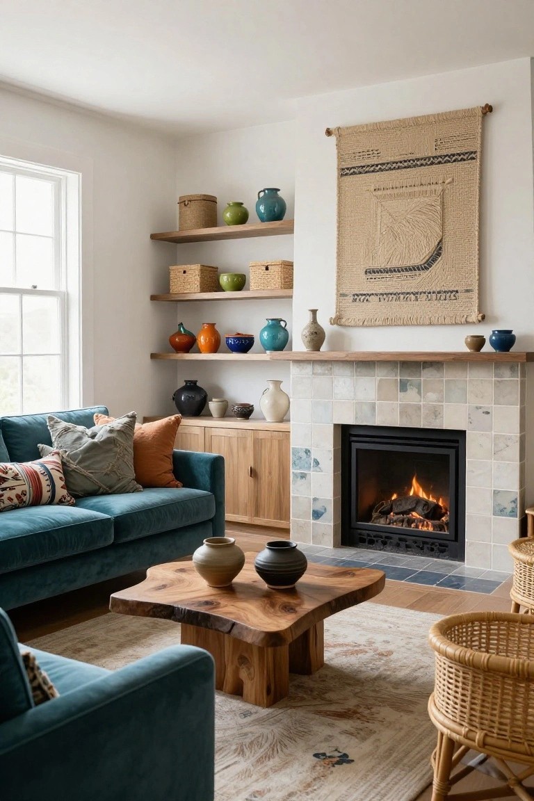 A living room with teal velvet sofa, live-edge wooden coffee table, floating oak shelves displaying assorted colorful ceramics and baskets, woven wall hanging, tiled fireplace with burning fire, and rattan chairs on a patterned rug.