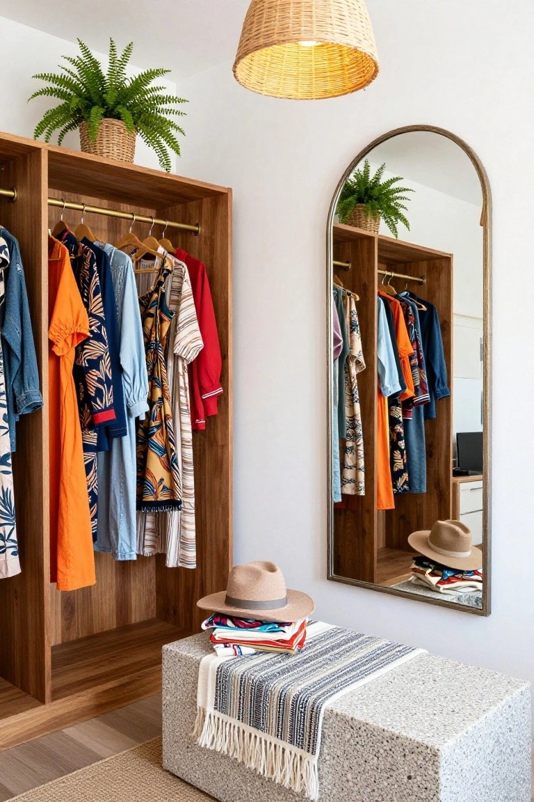 Wooden open wardrobes with colorful patterned clothes hanging inside, next to a large arched mirror reflecting the setup, a potted fern plant, rattan pendant light, and a concrete bench with stacked textiles and a hat.
