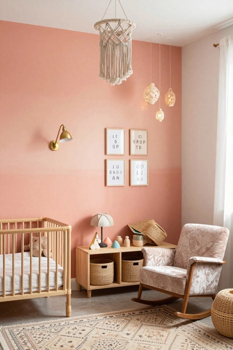 Peach-walled nursery interior with wooden crib, rattan rocking chair, woven baskets on shelves, table lamp, and hanging macrame light fixture.