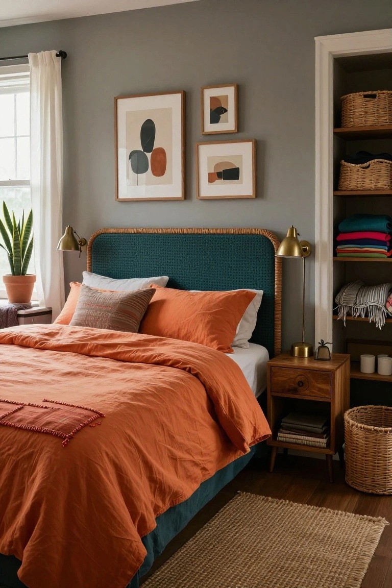 Bedroom with teal rattan-trimmed headboard, orange duvet and pillows, abstract tan and orange framed artwork on gray walls, brass wall sconces, wooden nightstand, wicker baskets, and potted plants by window.