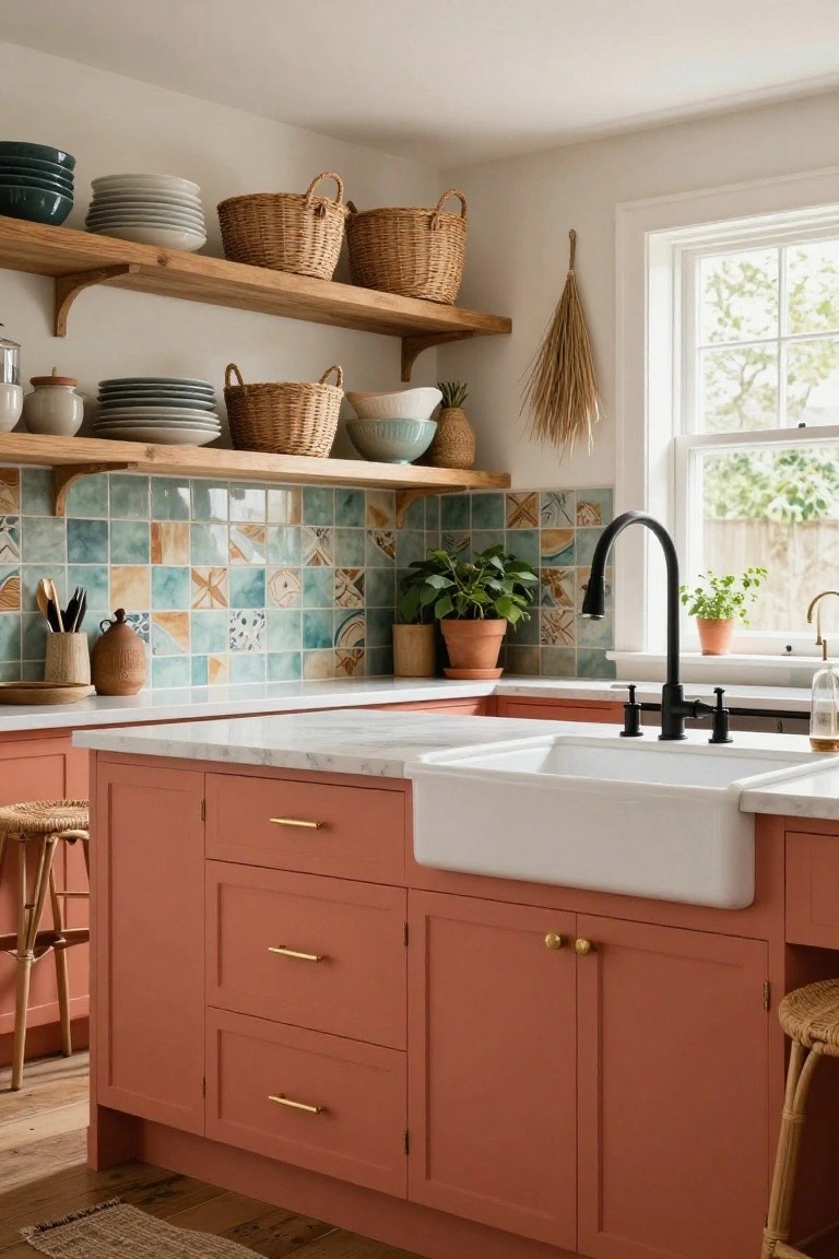 Kitchen interior with coral terracotta cabinets on an island and lower units, white farmhouse sink, marble countertop, blue and orange tiled backsplash, wooden open shelves holding baskets pottery and plants, rattan stools, and window with greenery outside.