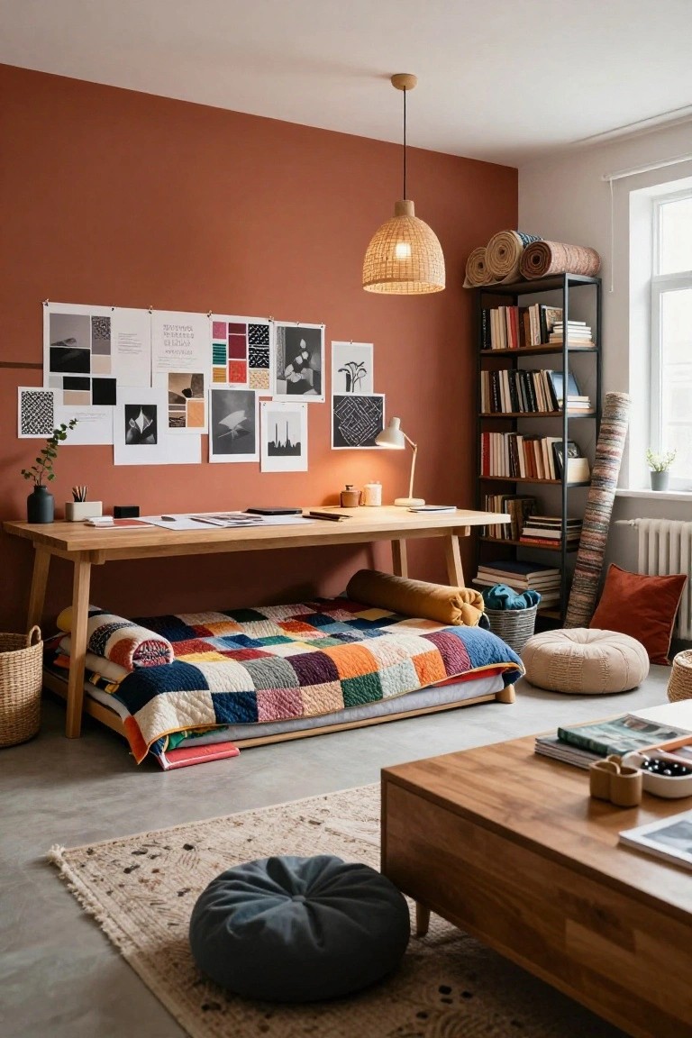 Cozy indoor room with terracotta wall, wooden desk with mood board and lamp, futon bed covered in multicolored patchwork quilt, woven poufs, bookshelves, and light rug on concrete floor.