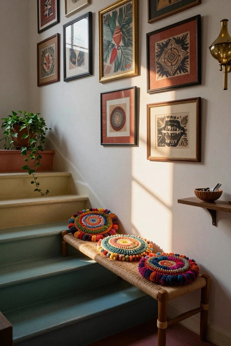 A rattan bench with three colorful round crocheted cushions topped with pom-poms sits at the base of turquoise-painted wooden stairs, next to a potted ivy plant, with eclectic framed artwork on the walls and a wooden shelf nearby.