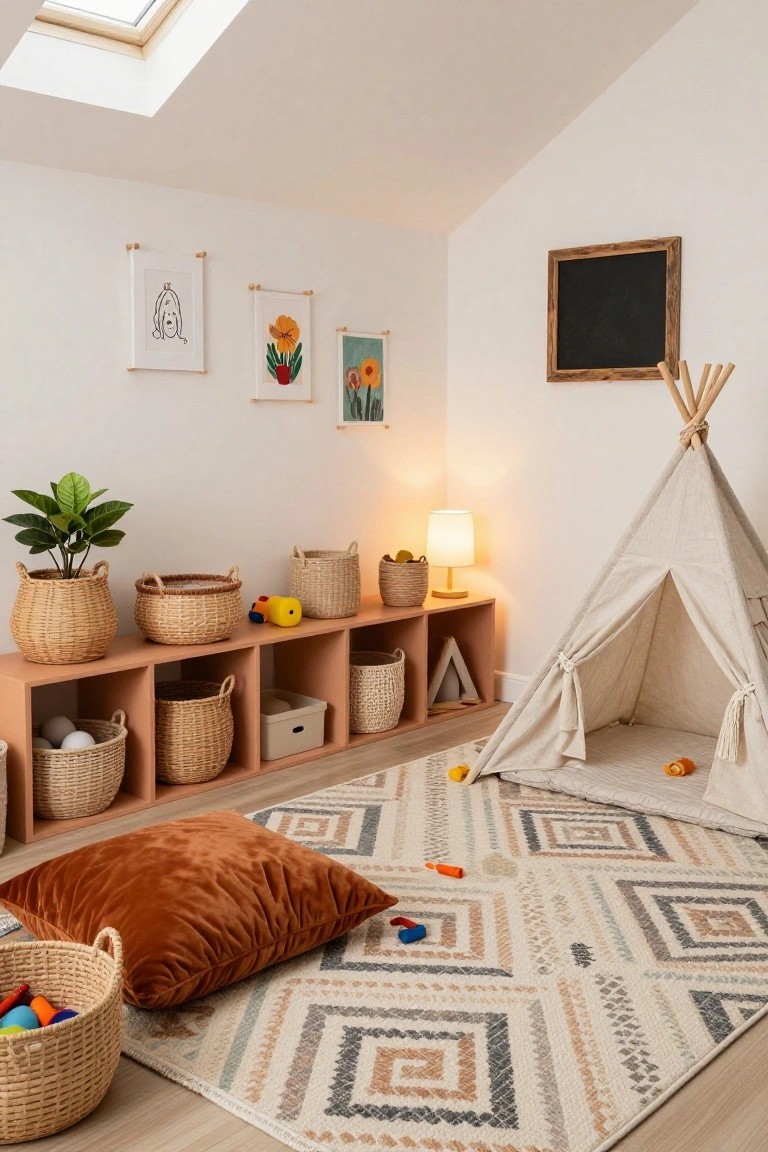 Bright attic playroom with pink open shelving lined with woven baskets holding toys and balls, a beige teepee tent on a patterned rug, potted plant, and scattered play items.
