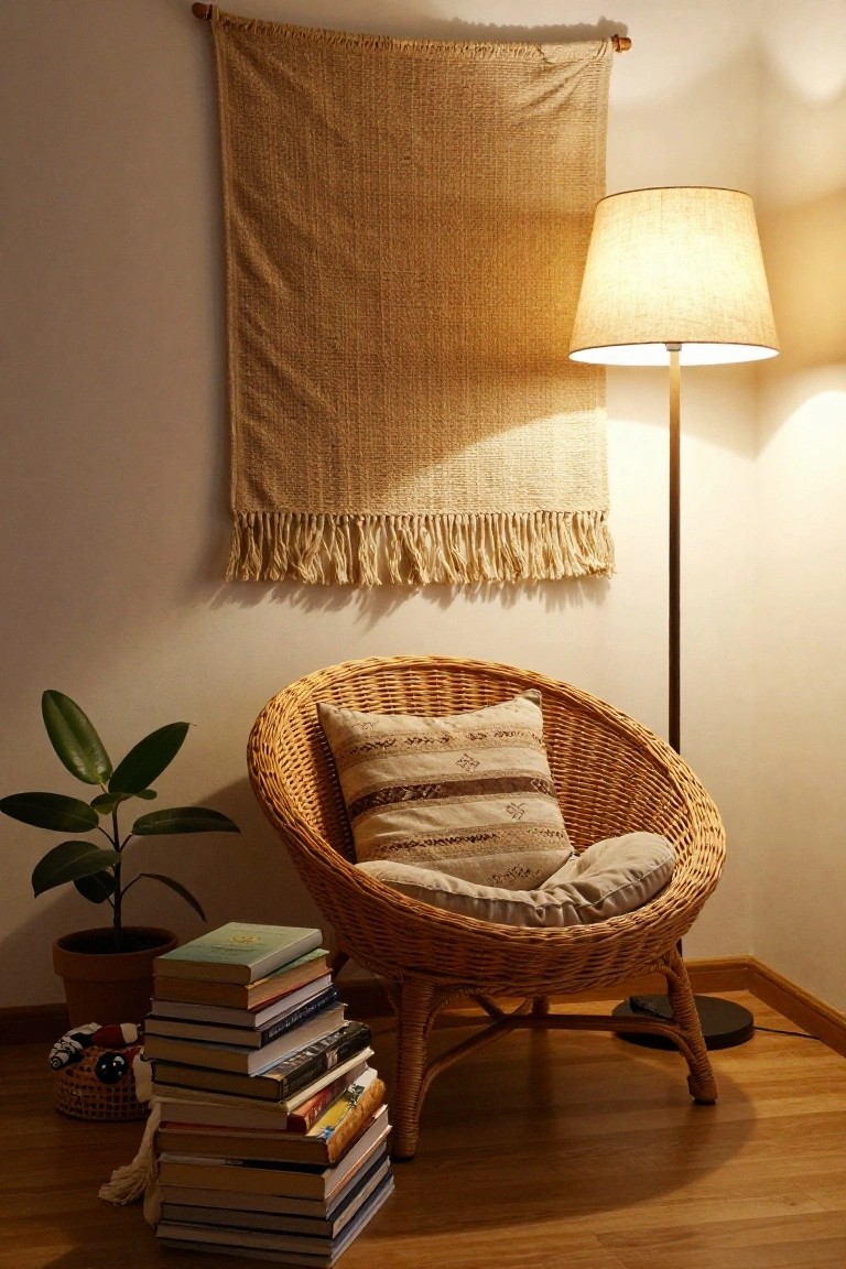 Indoor corner with a round rattan chair holding woven pillows, a stack of assorted books on the floor beside it, a potted green plant, a tall fabric-shade floor lamp, and a large woven beige wall hanging.