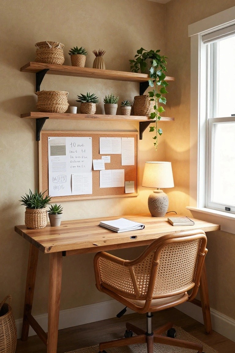 A small home office corner with beige walls, wooden desk and rattan chair, open wooden shelves holding potted plants and woven baskets, corkboard with handwritten notes, table lamp, and window.
