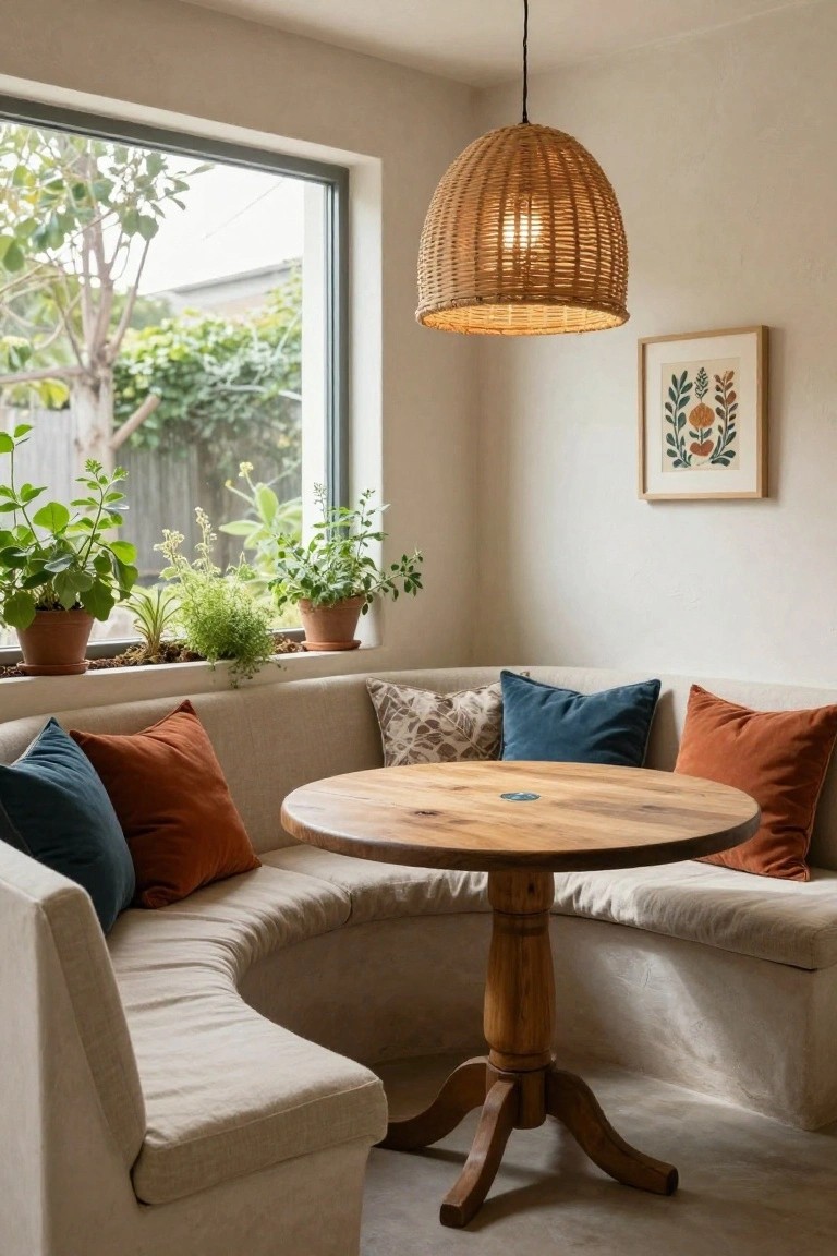Curved beige banquette with blue and rust cushions surrounds a round wooden pedestal table in a light room with plants on the windowsill, woven pendant light overhead, and framed botanical art on the wall.
