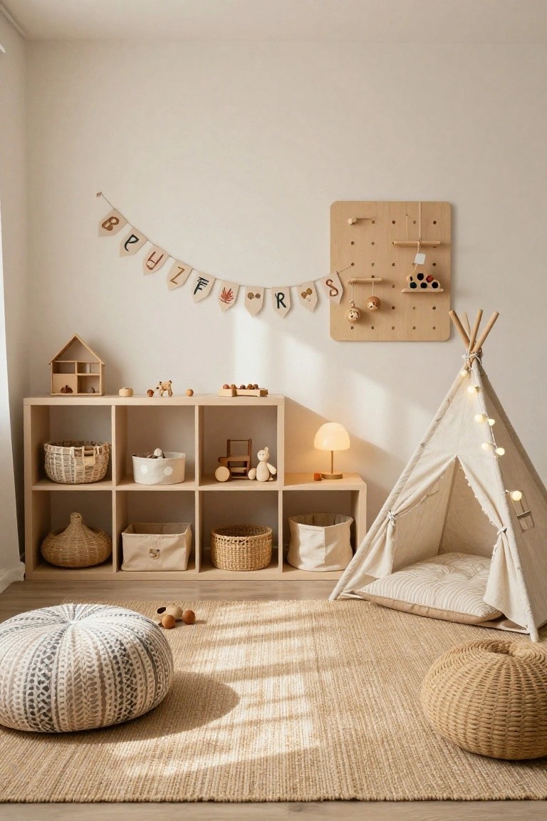 Wooden cube shelving unit in a light beige playroom filled with wicker baskets, wooden toys, and a dollhouse, next to a white teepee tent with string lights, poufs on a seagrass rug, and a pegboard on the wall.