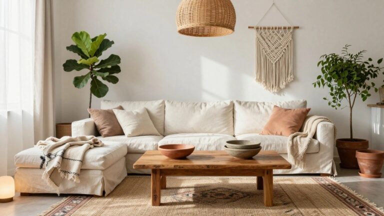 20 Chic Boho Home Decor Ideas For A Stylish Yet Laid Back Look Living room featuring a low reclaimed wood coffee table with terracotta bowls, white sofa with pillows and throw, large potted fiddle leaf fig plant, woven pendant lamp, macrame wall hanging, and white fireplace on hardwood floors with a patterned rug.